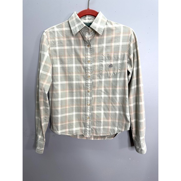 Lauren Ralph Lauren Vtg. Women's Sz S Green/Pink Plaid Button Front Blouse - Picture 4 of 14